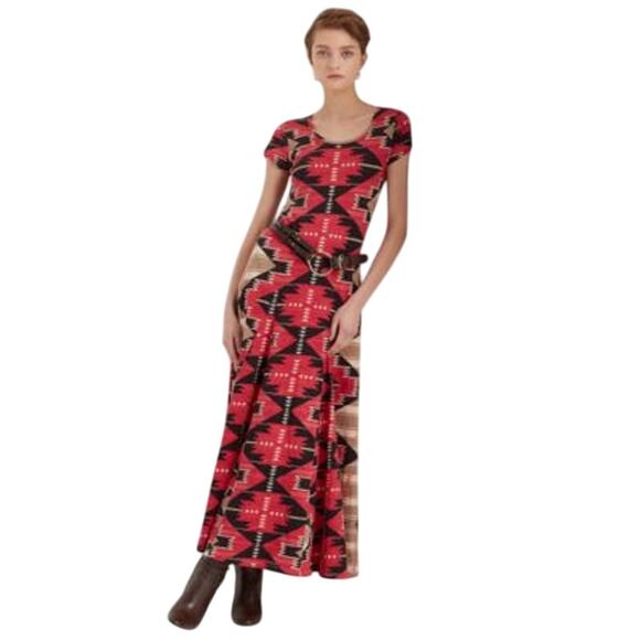 Lauren Ralph Lauren Women's Tan & Red Printed Fit & Flare Maxi Dress, Size XS - Picture 1 of 4